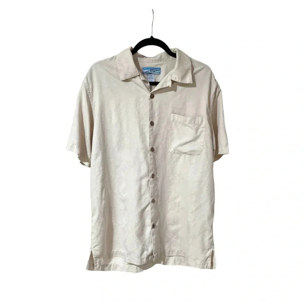 Silk Shirt Button Up Jimmy Jamaica Size M Short Sleeve Cream Summer